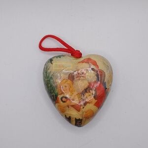 VINTAGE Decoupage Santa With Children Heart Shaped Christmas Ornament 2.75"